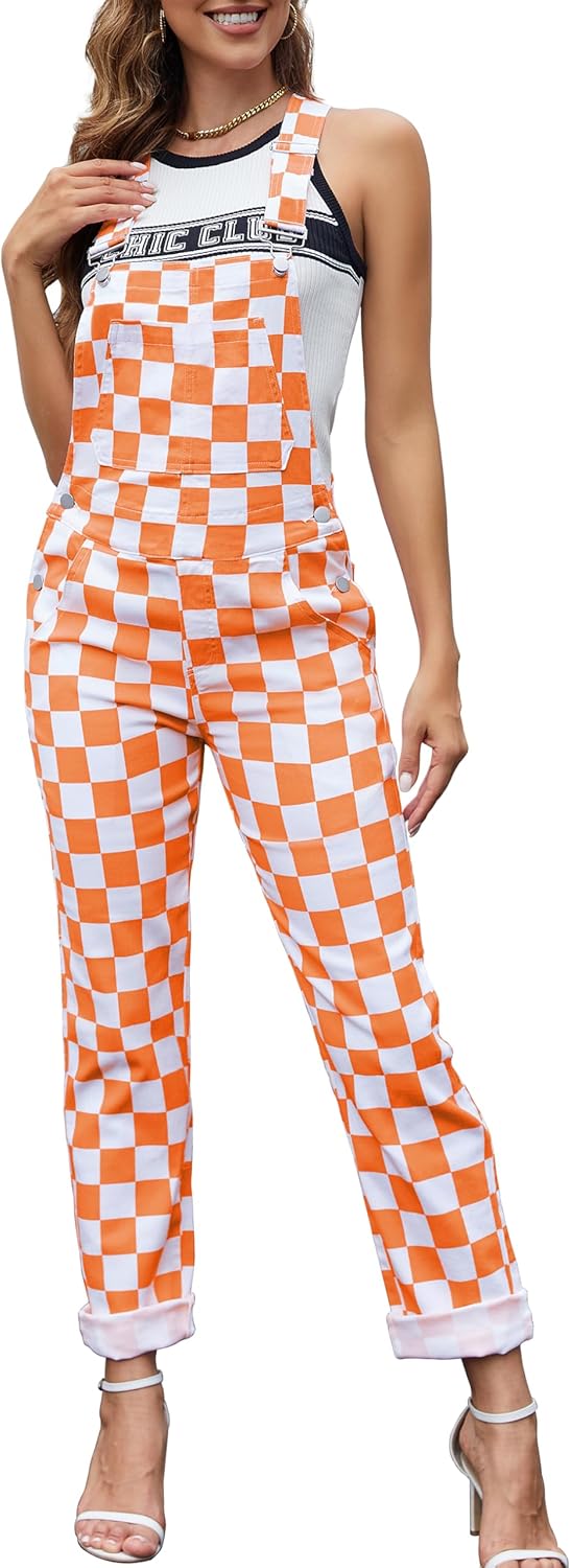Stylish Orange Checkered Overalls for Women - Fashionable Jumpsuit