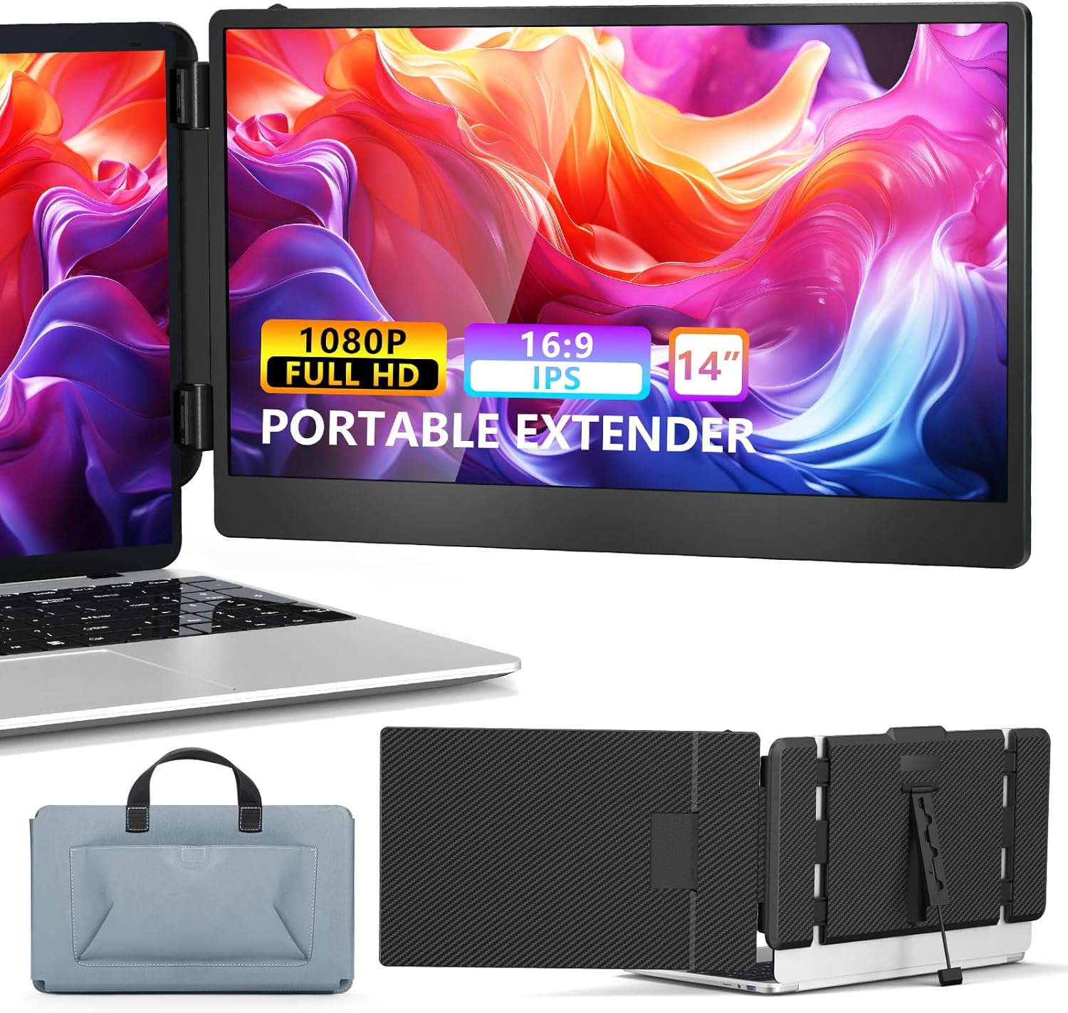 Portable 14 Laptop Monitor - Dual 1080P FHD Display