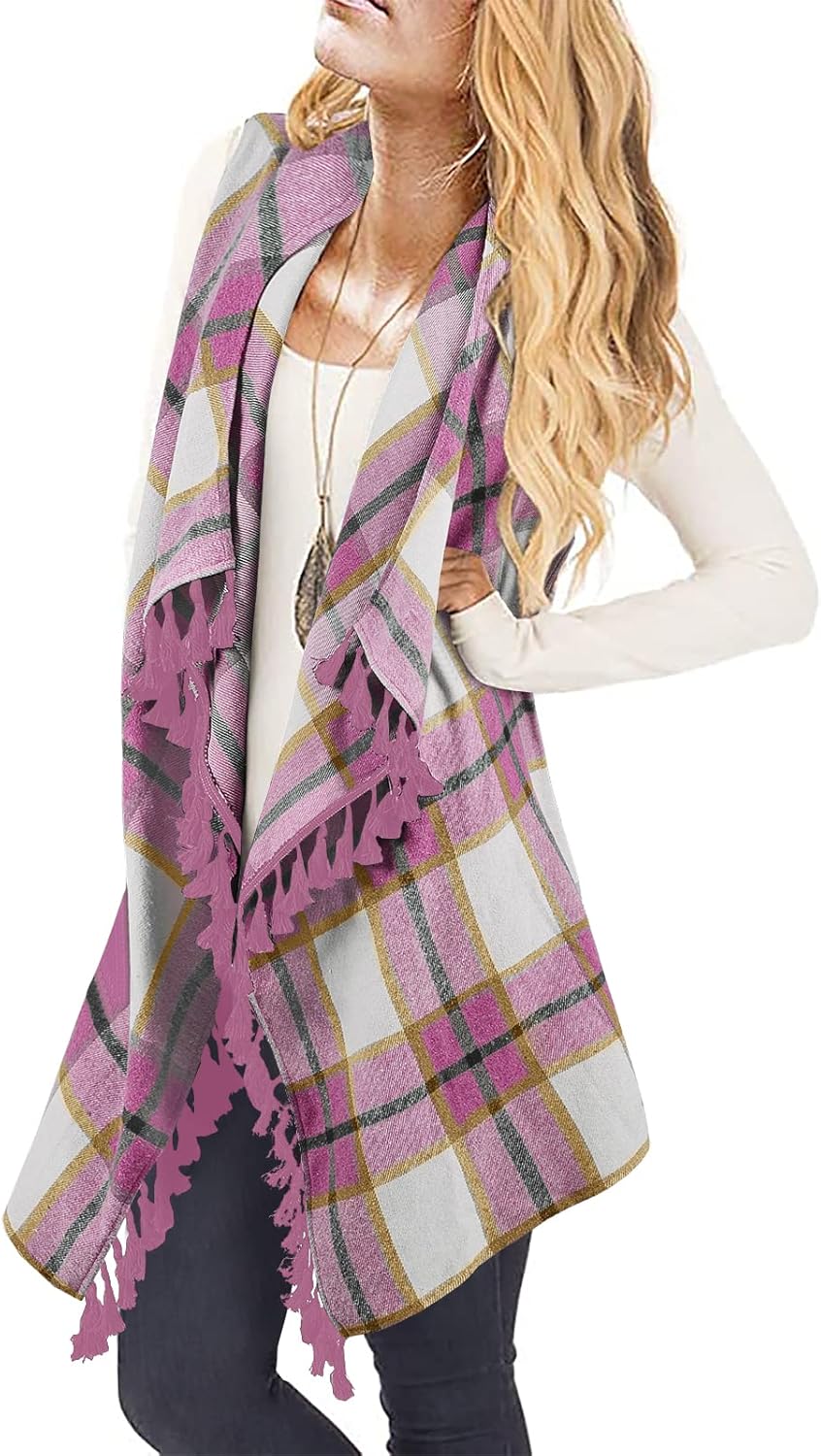 Stylish Womens Sleeveless Plaid Asymmetrical Hem Cardigan Vest