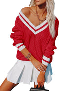 Womens V Neck Oversized Sweater - Chunky Cable Knit Tunic