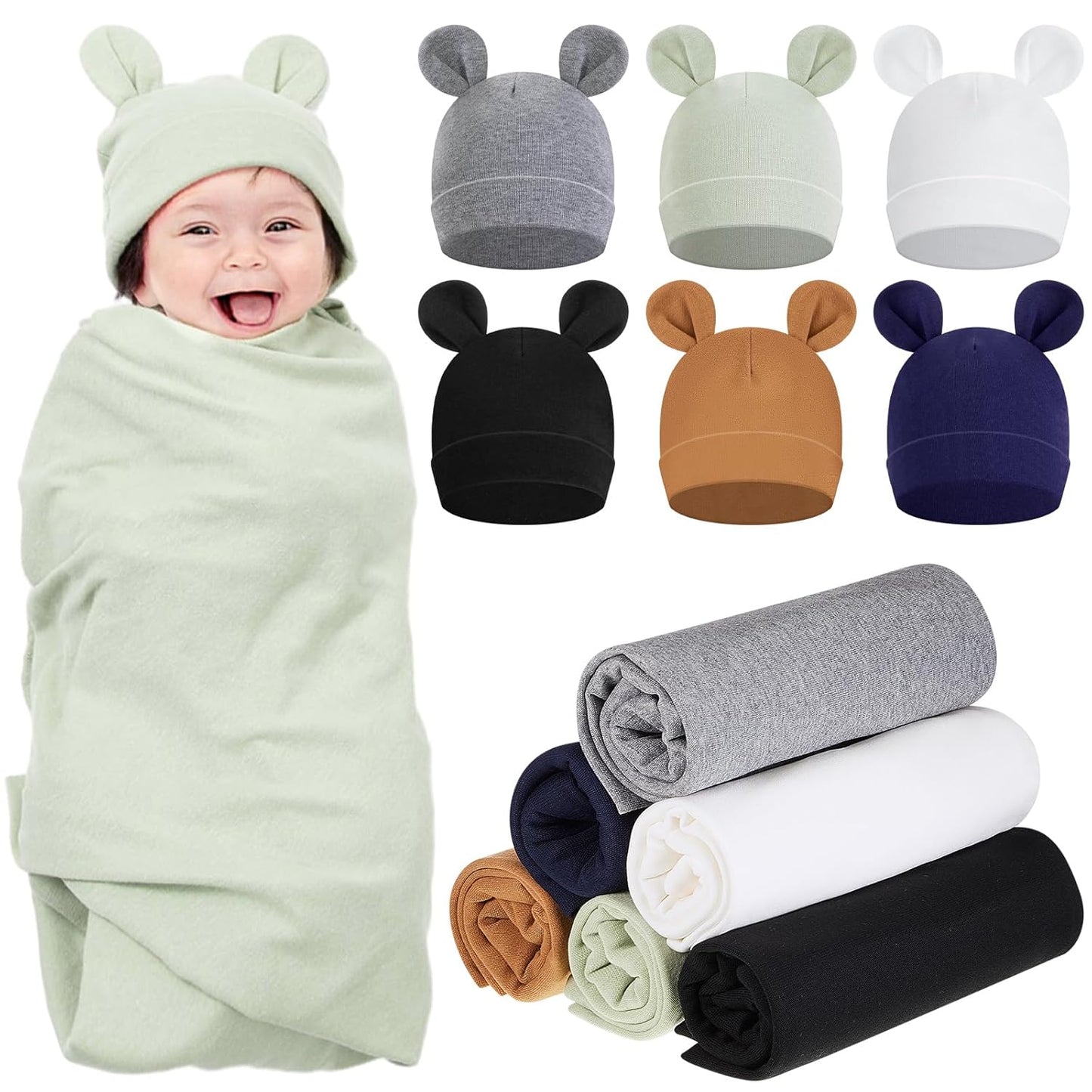Ramede 6 Sets Cotton Baby Swaddle Blankets with Hats for Infants
