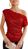 One Shoulder Sequin Sparkly Top - Slimming Ruched Party Shirt GRACE