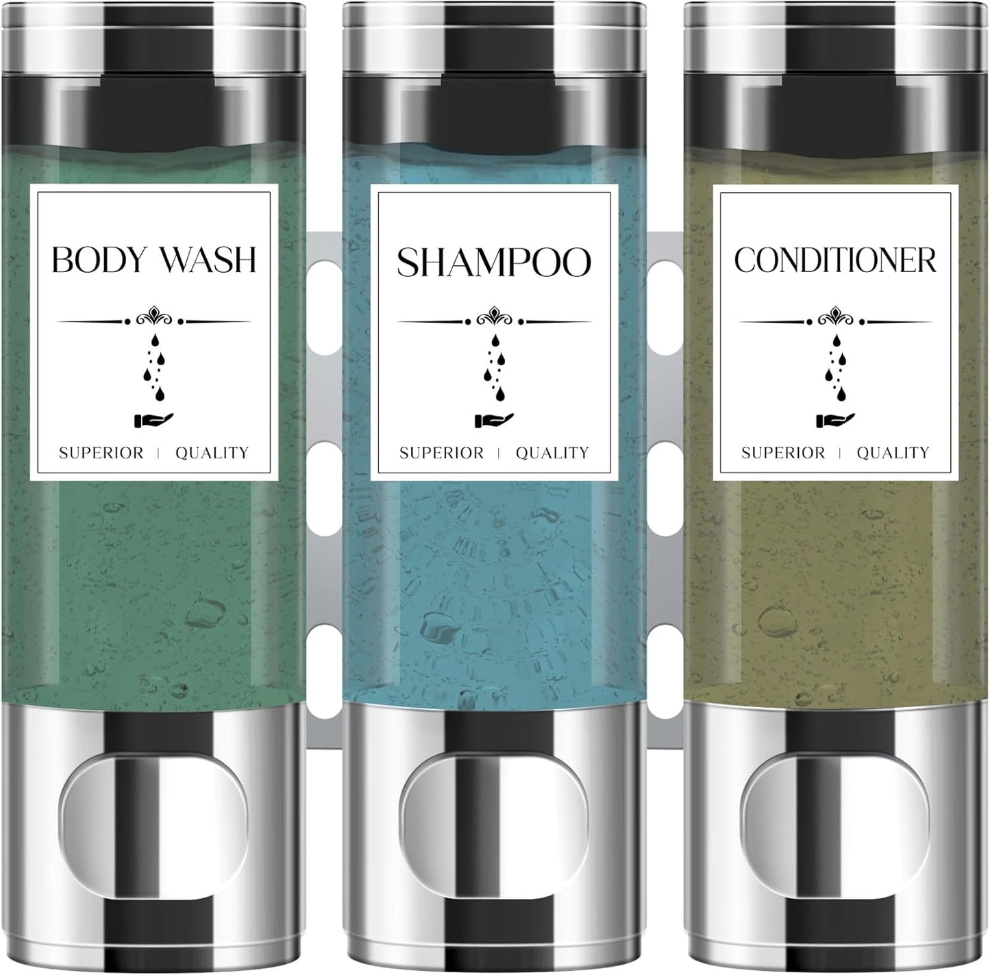 Silver Shower Dispenser Set - No Drill Mount - 3x300ml Capacity