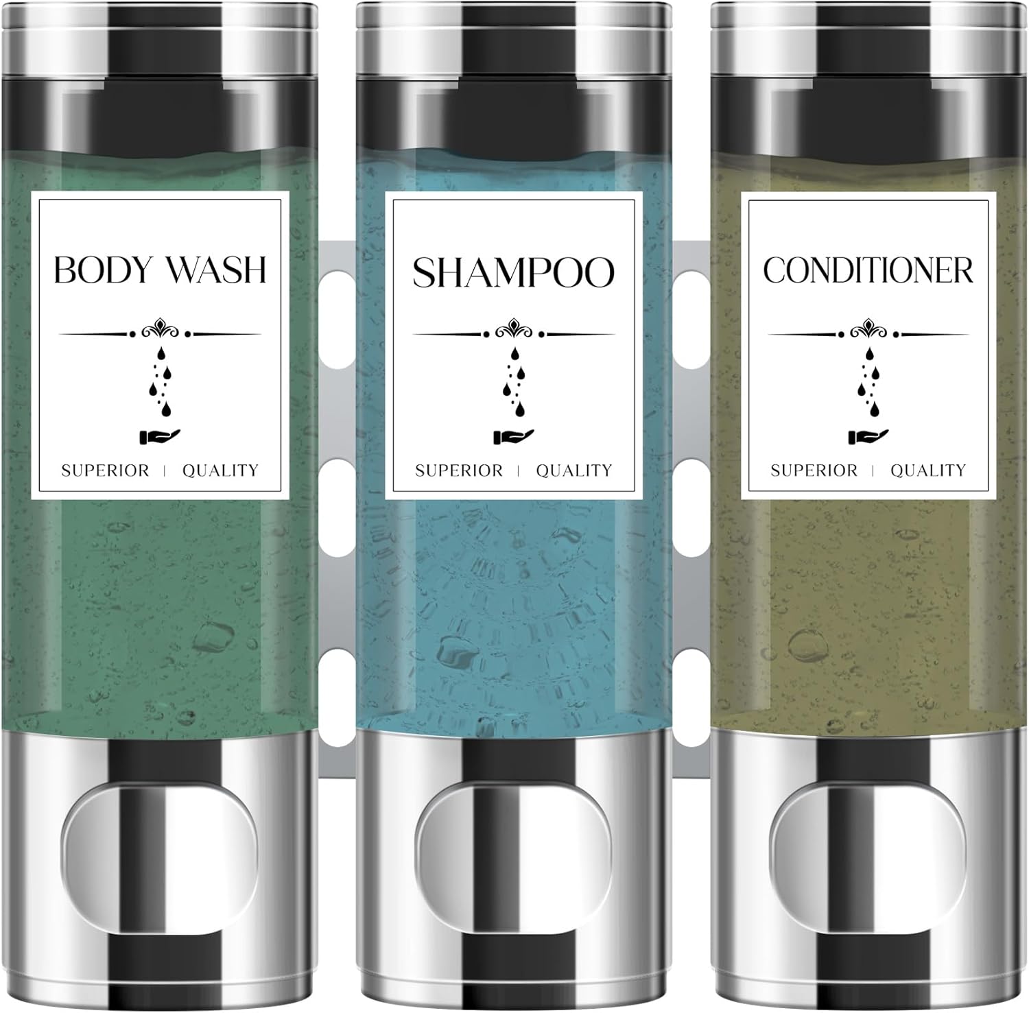 Silver Shower Dispenser Set - No Drill Mount - 3x300ml Capacity