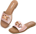 Women's Flat Leather-Look Sandals with Gold Decor - Summer Slides