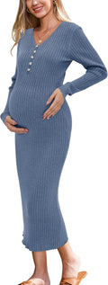 OUGES Women's Wool Blend Maternity Sweater Dress V Neck Midi - Slim