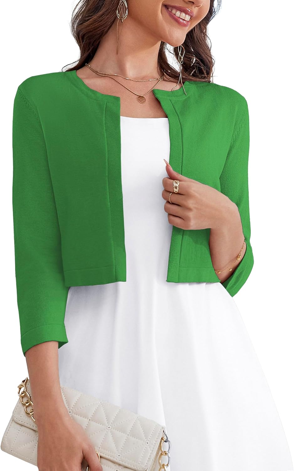 OmicGot Women's 3/4 Sleeve Open Front Knit Cropped Cardigan