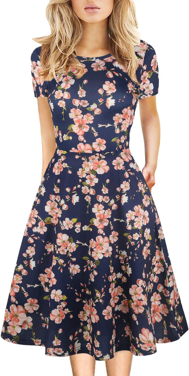 Women's Elegant Knee Length Floral Print Swing Dress with Pockets