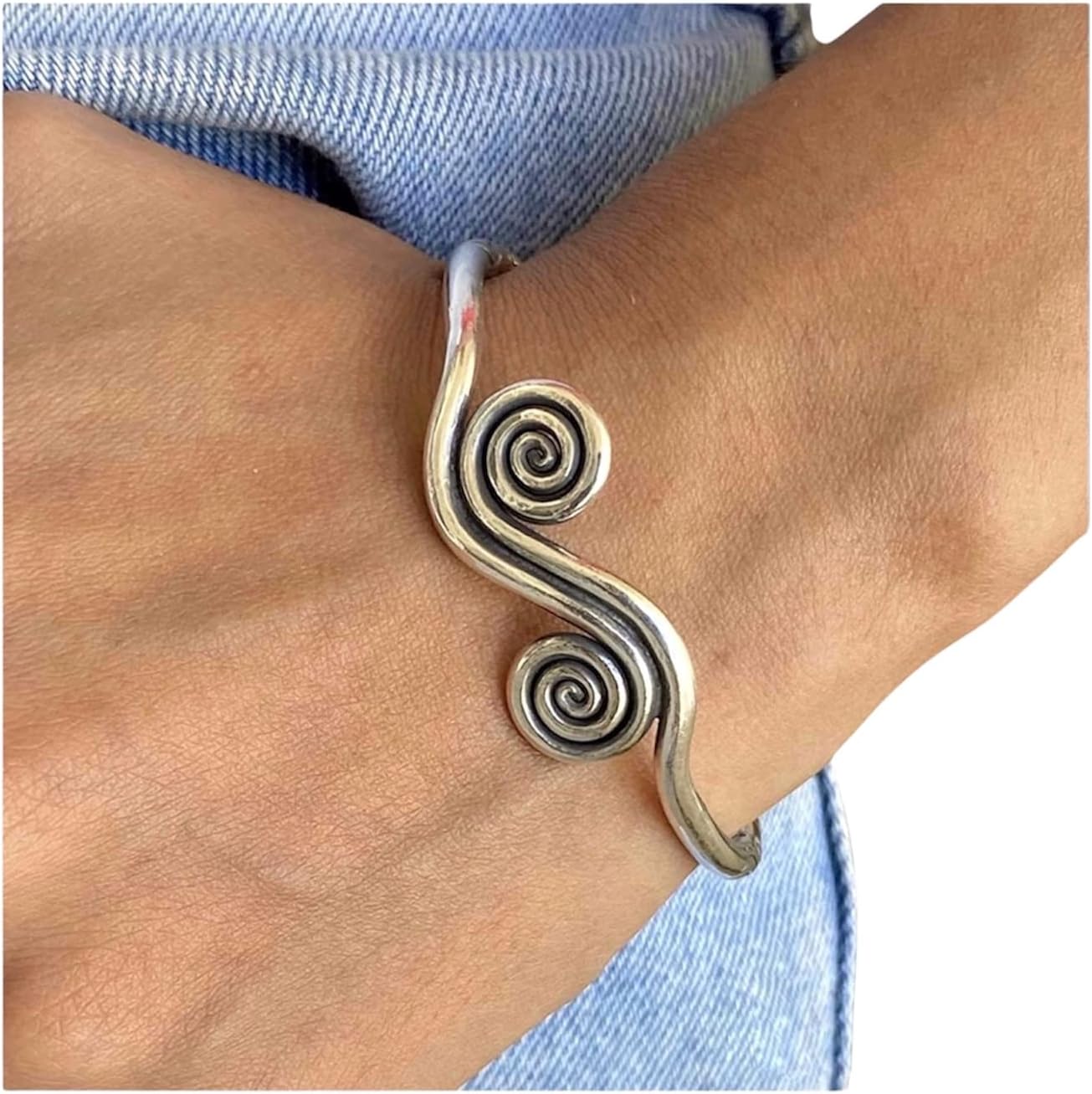 Sterling Silver Boho Cuff Bracelet with Spirals and Engravings