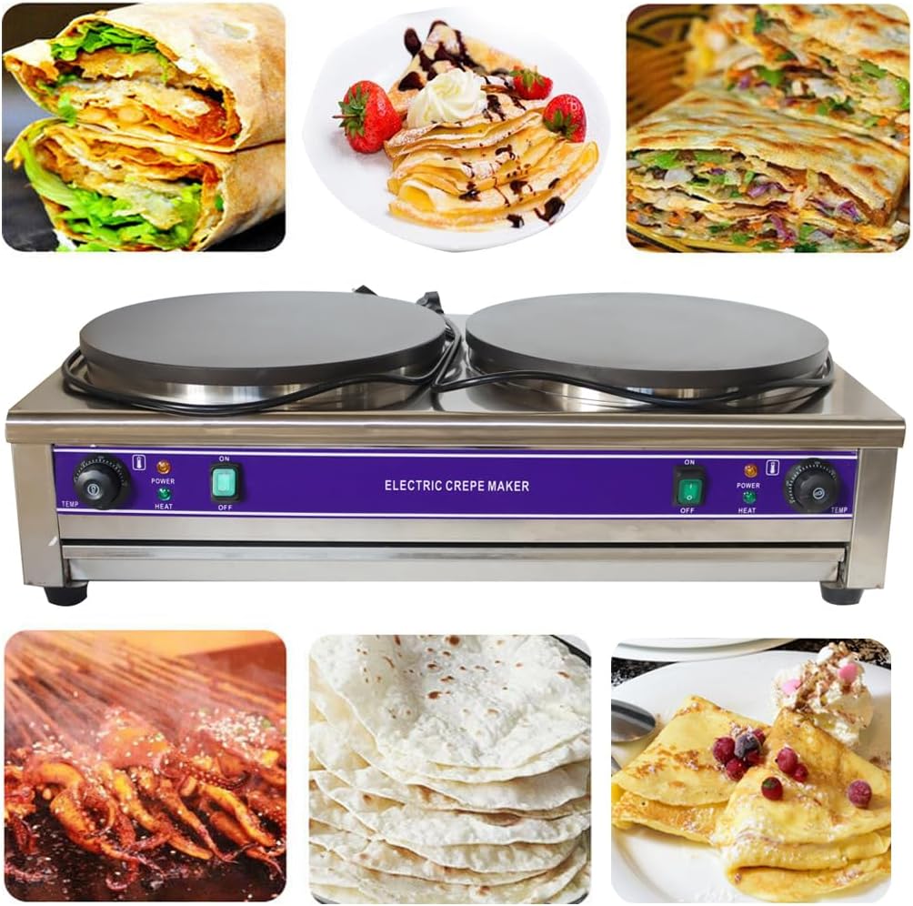 15.7-inch Electric Crepe Maker - Dual Nonstick Hotplates, Adjustable Temp Control