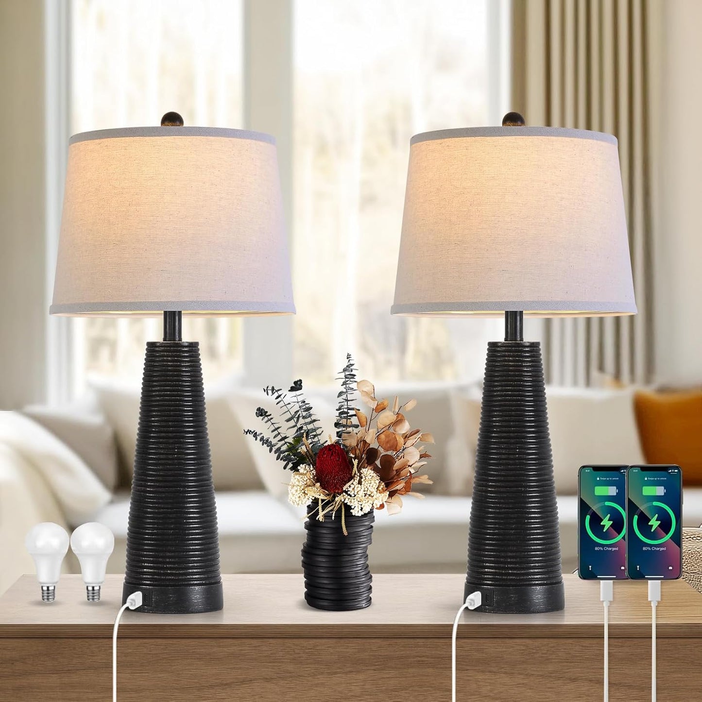 Terpsichore Nightstand Lamp Set of 2 Rustic Farmhouse Style