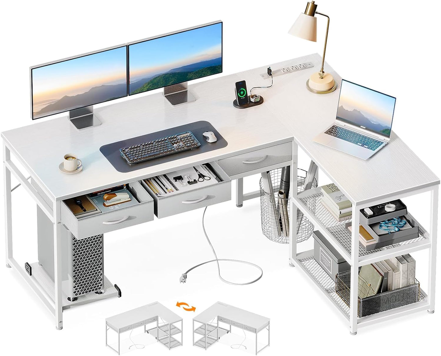 L Shaped Desk with Power Outlets & Storage in White