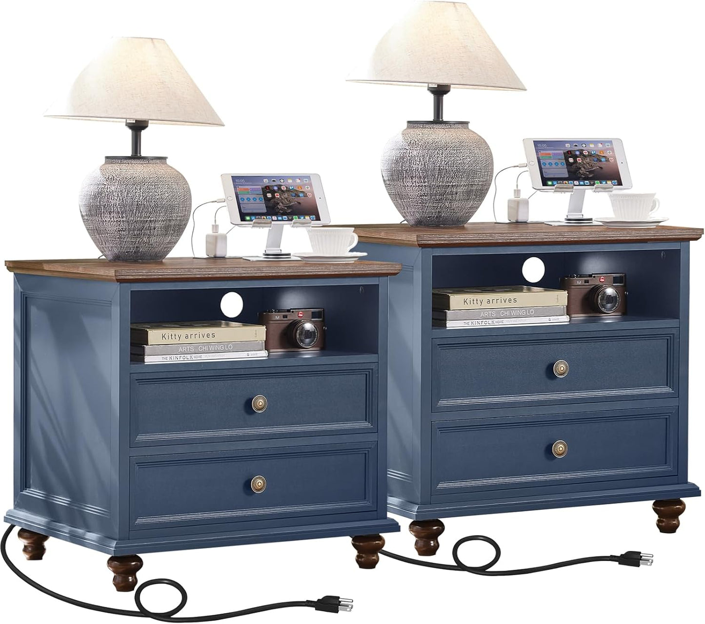 Farmhouse Nightstand Set of 2 with Charging Station for Bedroom
