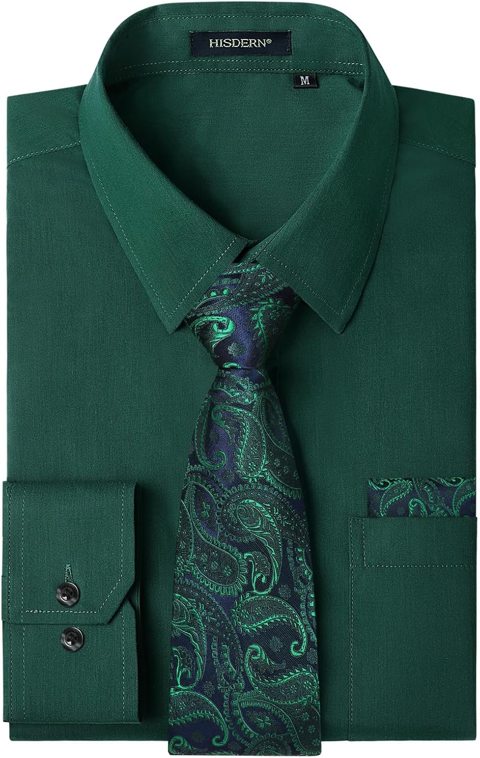 Men's Solid Long Sleeve Dress Shirt with Tie and Handkerchief Set