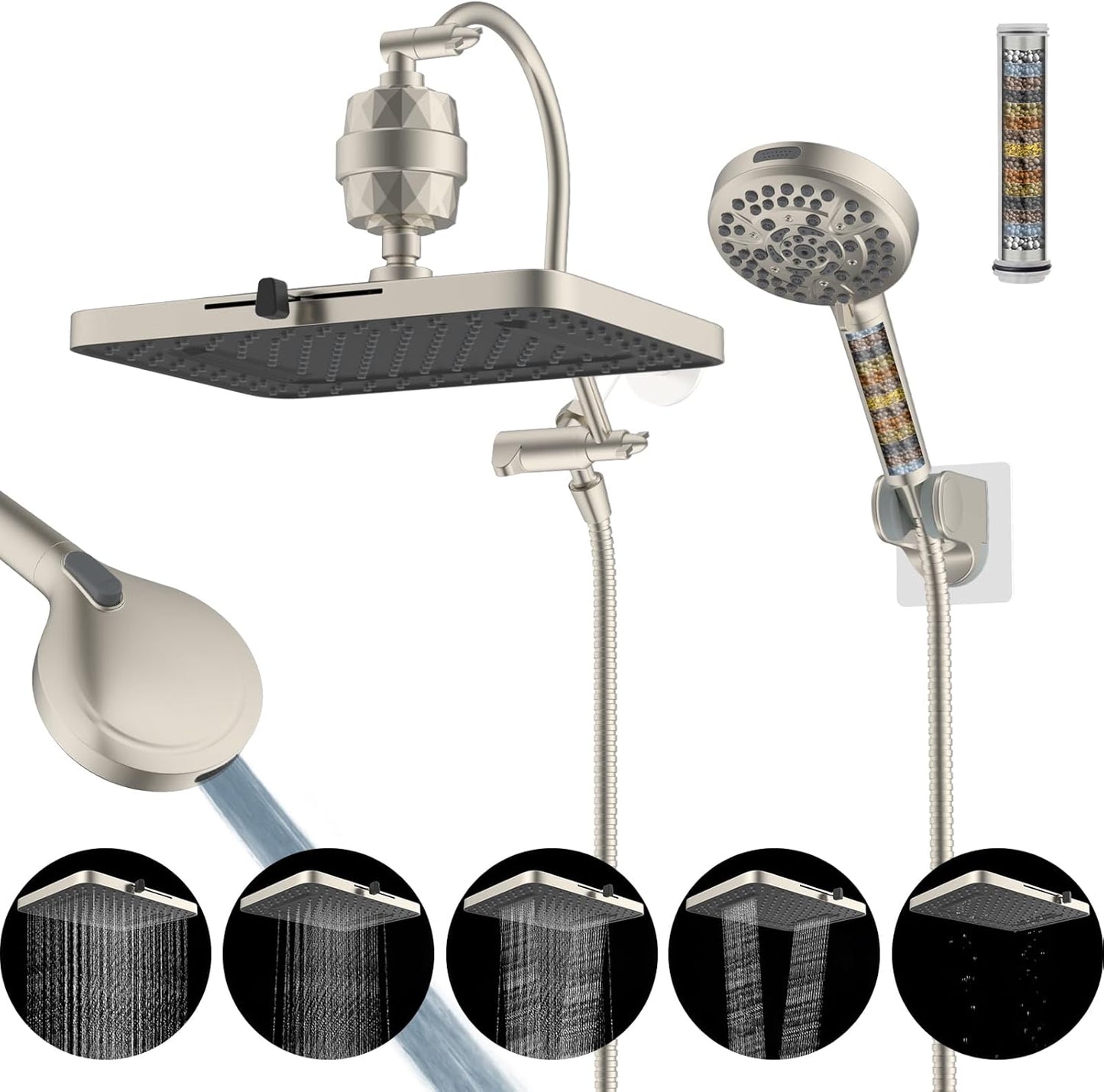 Hibbent 5-Spray Rainfall Shower Head Combo with Filtered Water