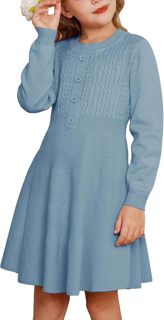 GRACE KARIN Girl Dress Long Sleeve Sweater Ruffle Button Front