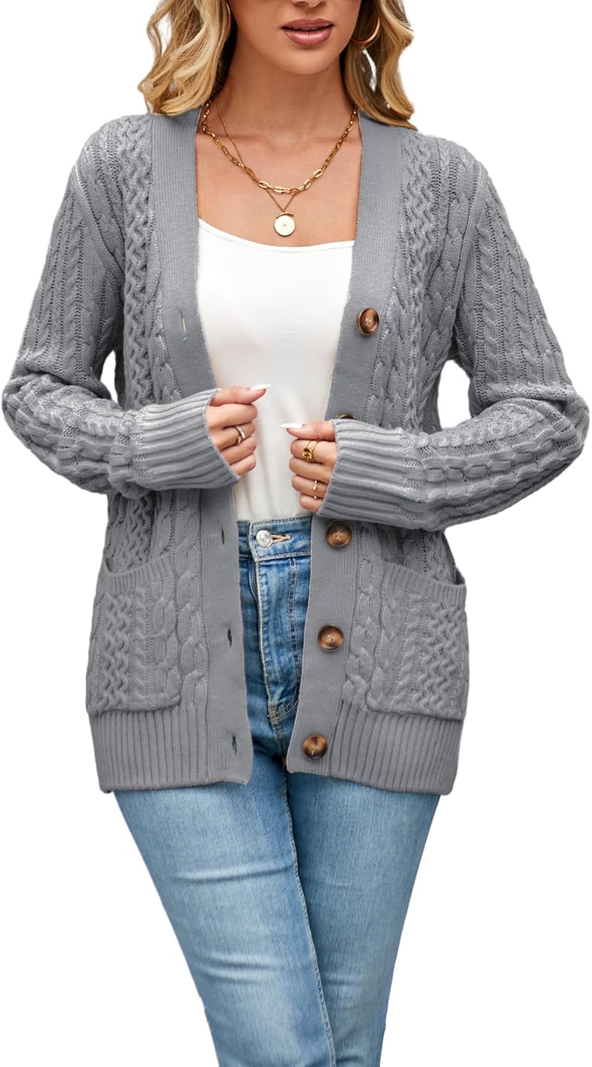 Womens Cardigan Sweaters Cable Knit Open Front with Pockets