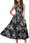 Women's Vintage Polka Dot Floral A-line Cocktail Dress - Mid-Calf