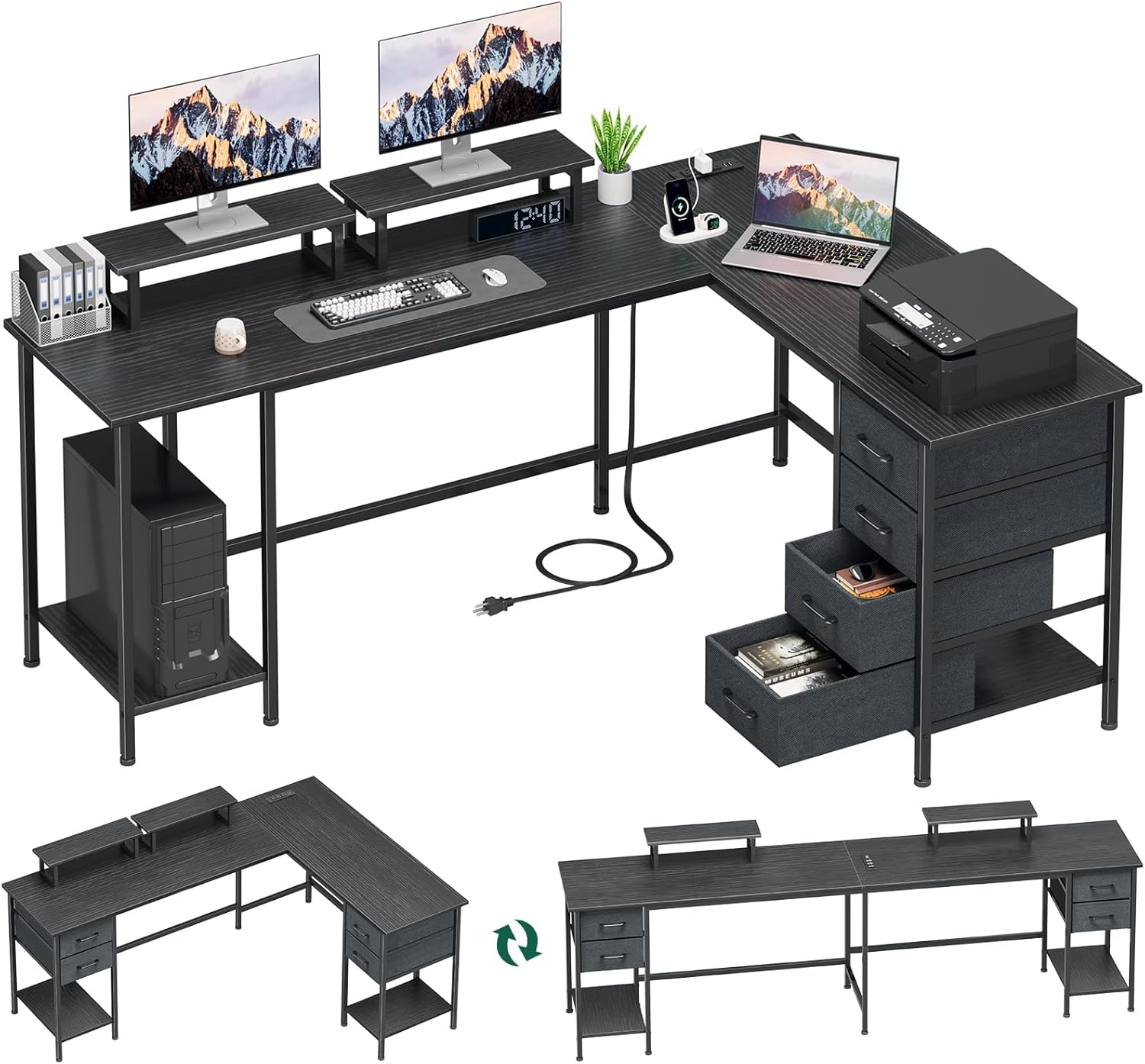 Spacious L-Shaped Home Office Desk with Power Outlets