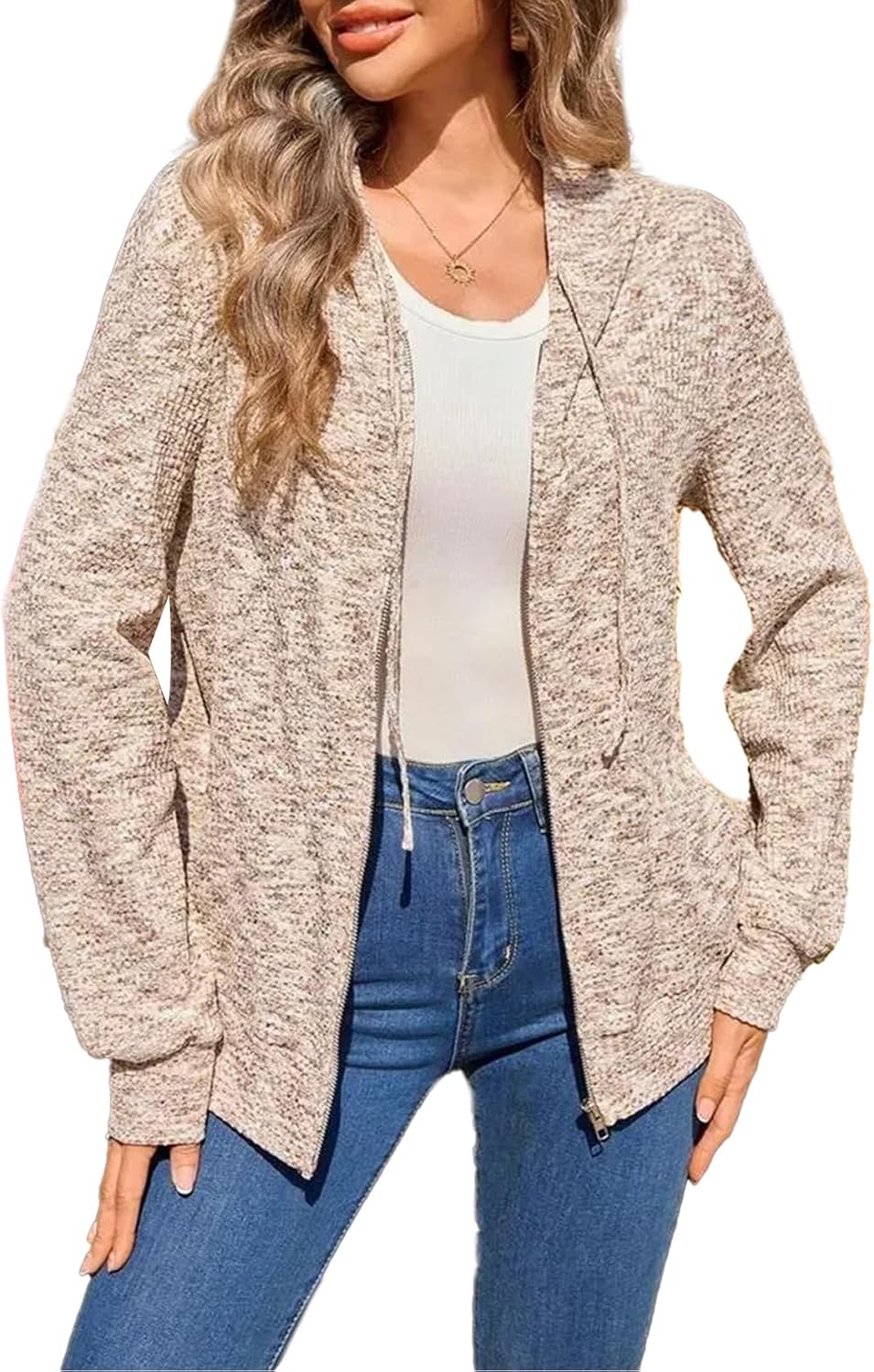 Comfy Loose Fit Waffle Knit Zip Up Sweatshirt for Fall 2025