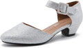 Women's Silver Ankle Strap Closed Toe Low Chunky Heel Pumps - Comfort