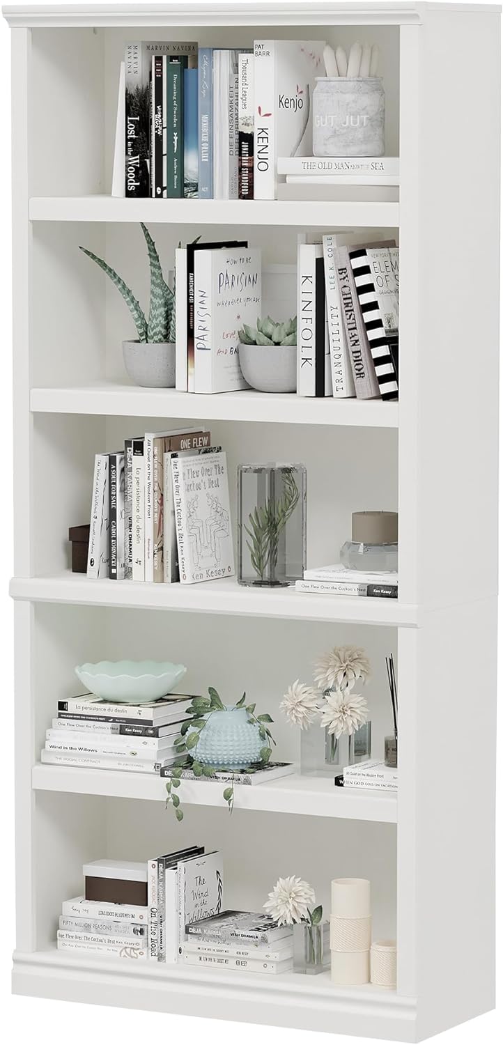 70-Inch Tall White Bookcase with 5 Tiers for Home Storage