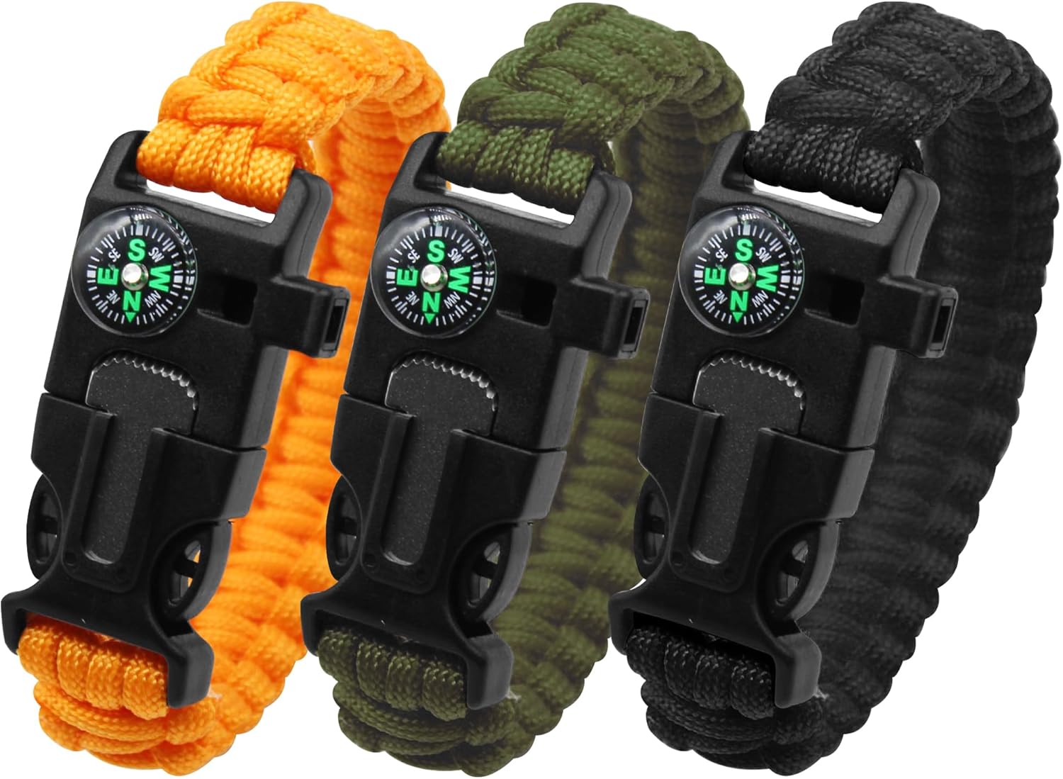 3-Pack Survival Bracelet Set: Compass, Whistle, Emergency Gear