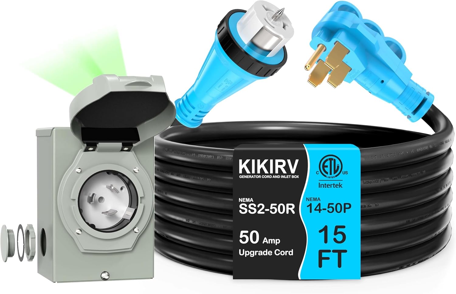 15 Feet 50 Amp Generator Cord and Power Inlet Box Combo Kit