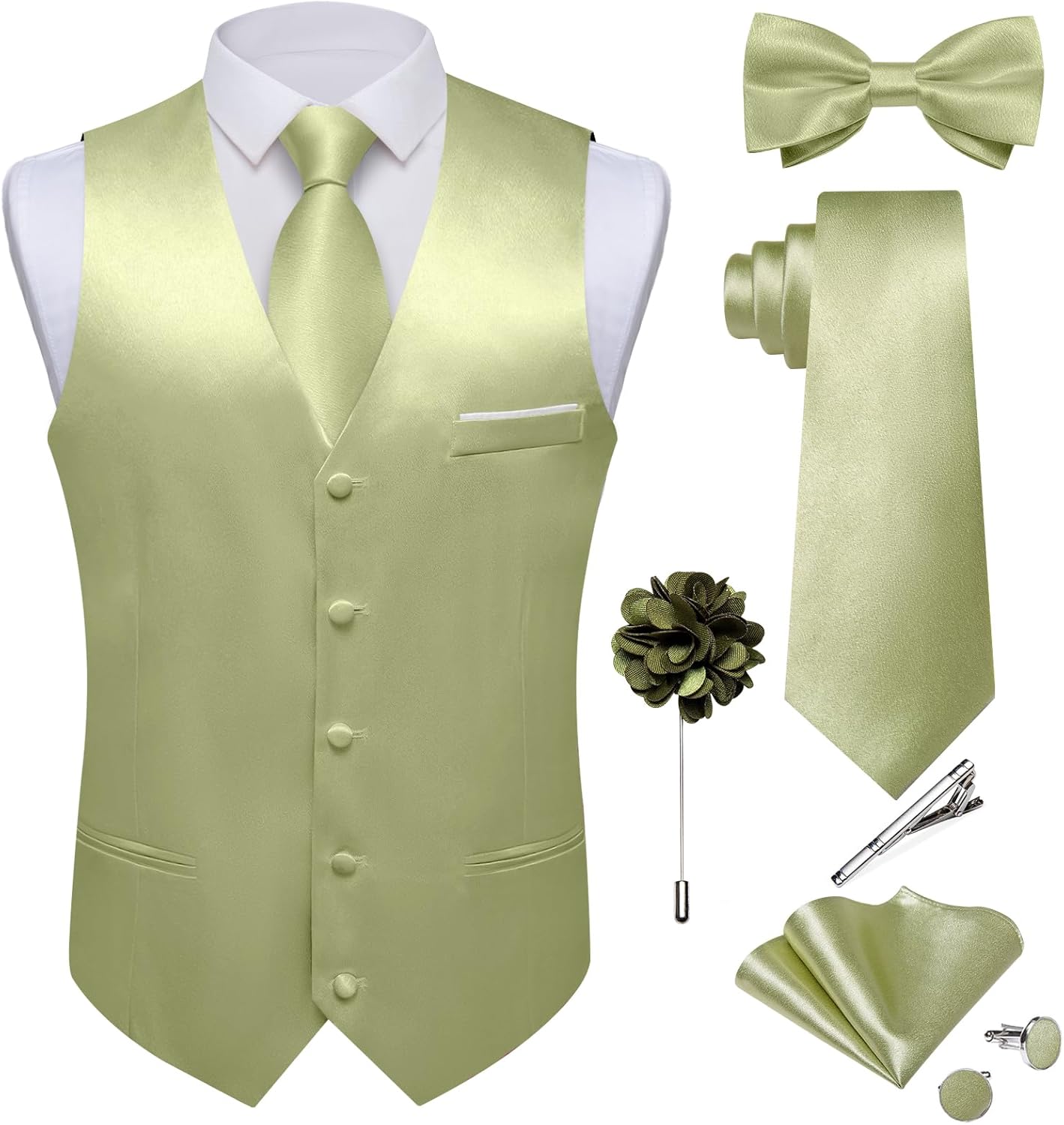 DiBanGu Mens Satin Suit Vest and Tie Set for Formal Events
