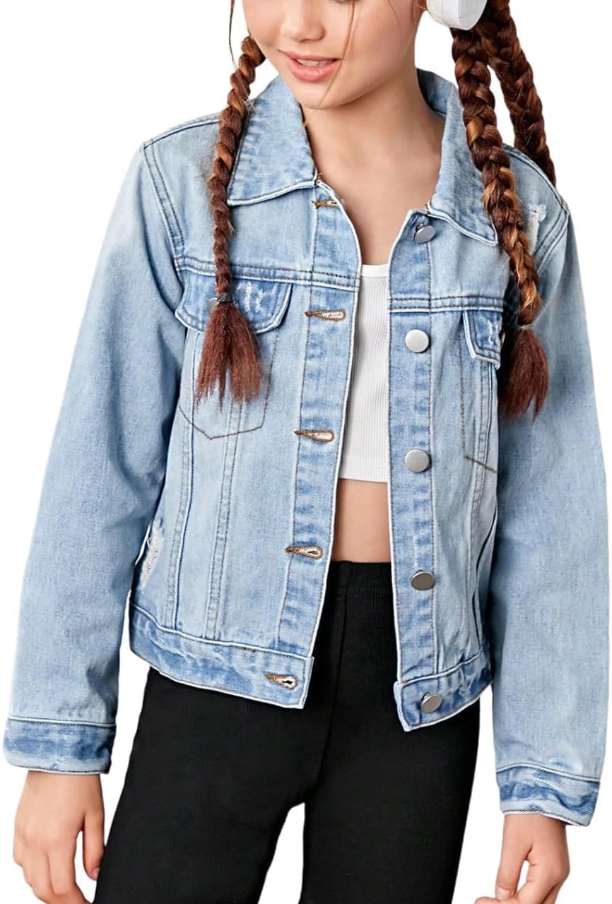 WDIRARA Girl's Ripped Flap Pocket Denim Jacket for Stylish Looks
