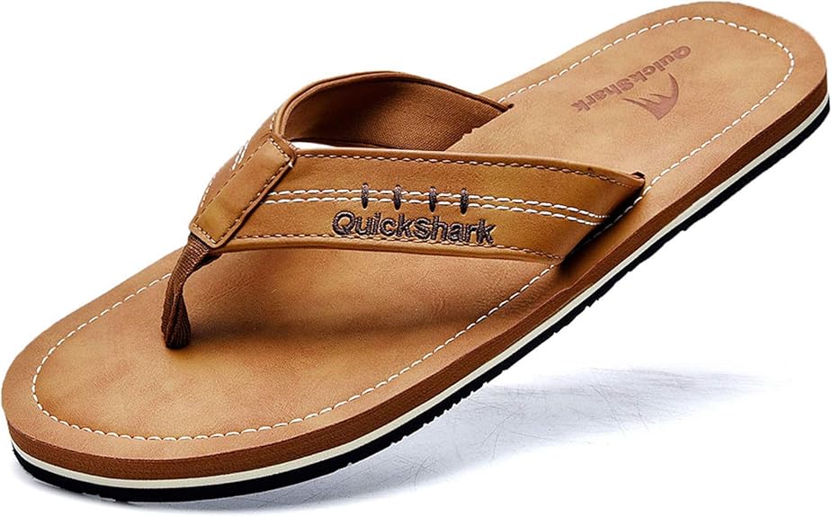 Quickshark Mens Flip Flops Leather Thong Sandals with Arch Support