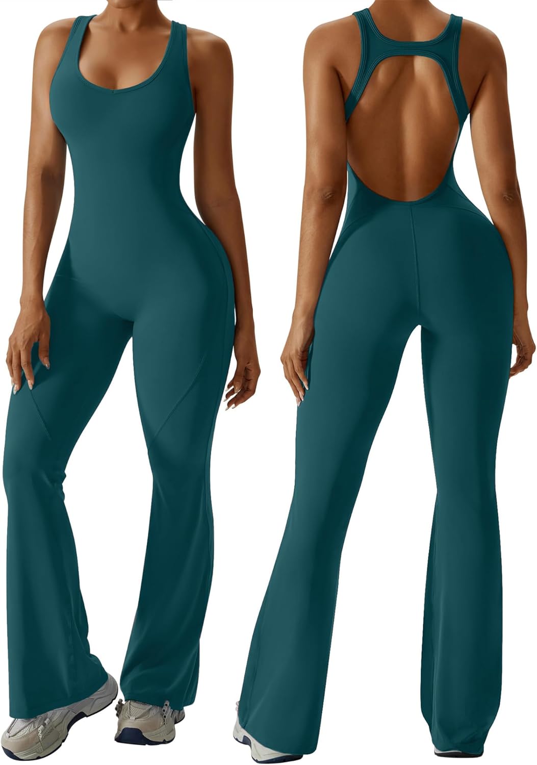 OEAK Womens Flare Jumpsuit with Bra Tummy Control Cutout Design
