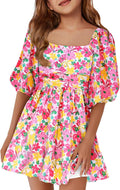 Girls Square Neck Tie-Back Ruffle A-Line Mini Dress - Summer Party
