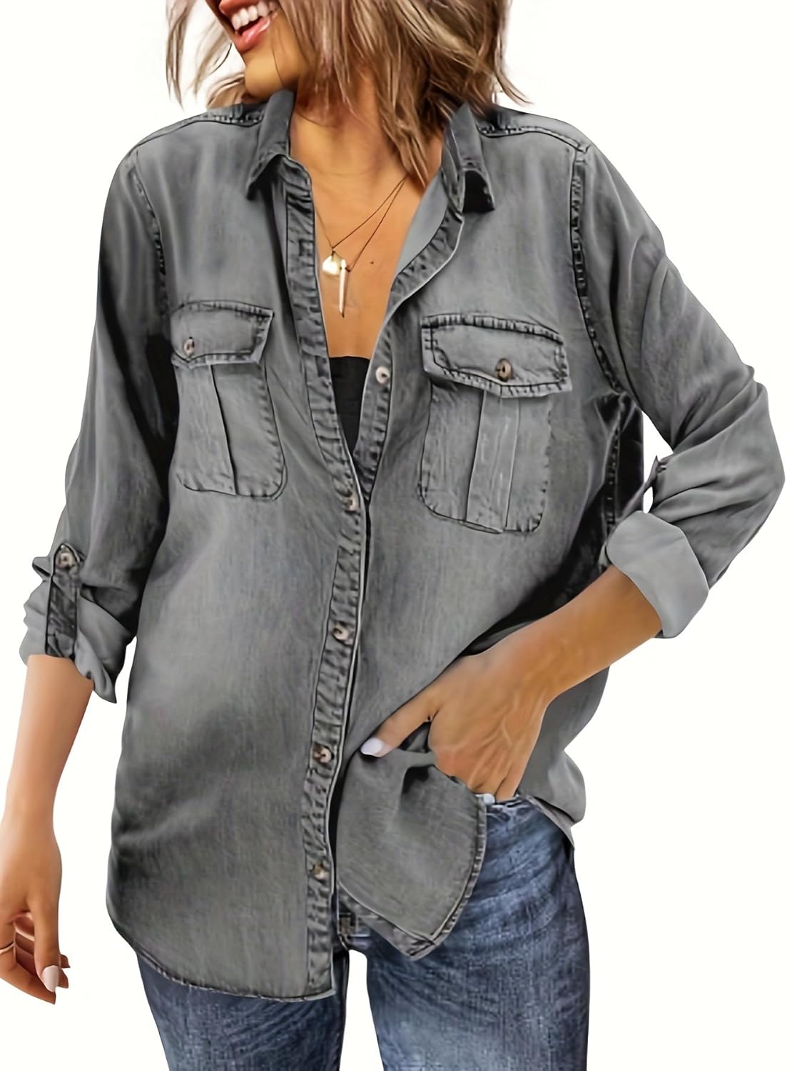 Runcati Womens Button Down Denim Shirt for Casual Style