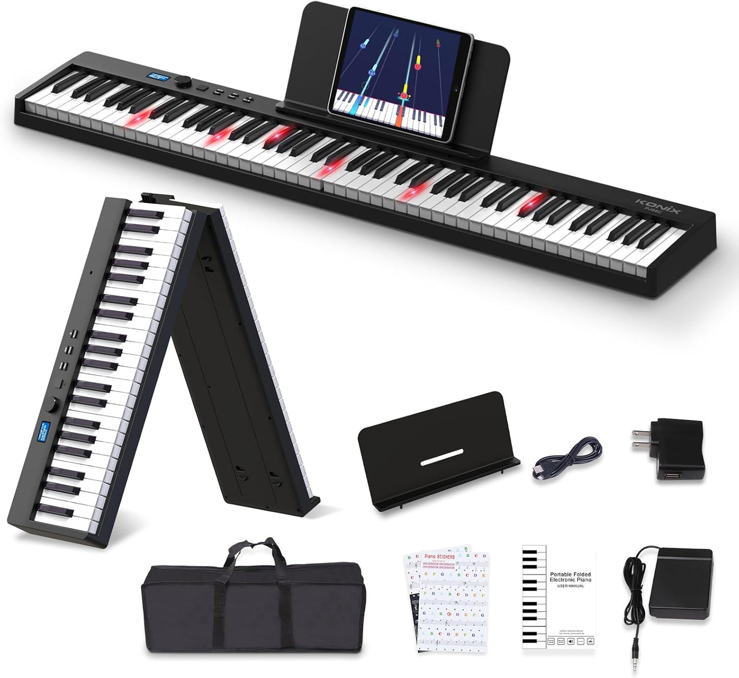 KONIX Folding Piano Keyboard: Portable 88 Keys with Light Up Keys