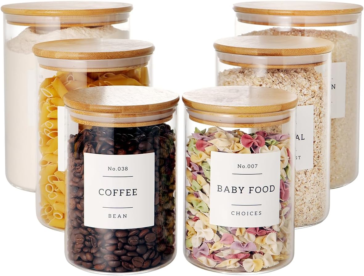 Set of 6 Glass Flour and Sugar Jars with Airtight Lids