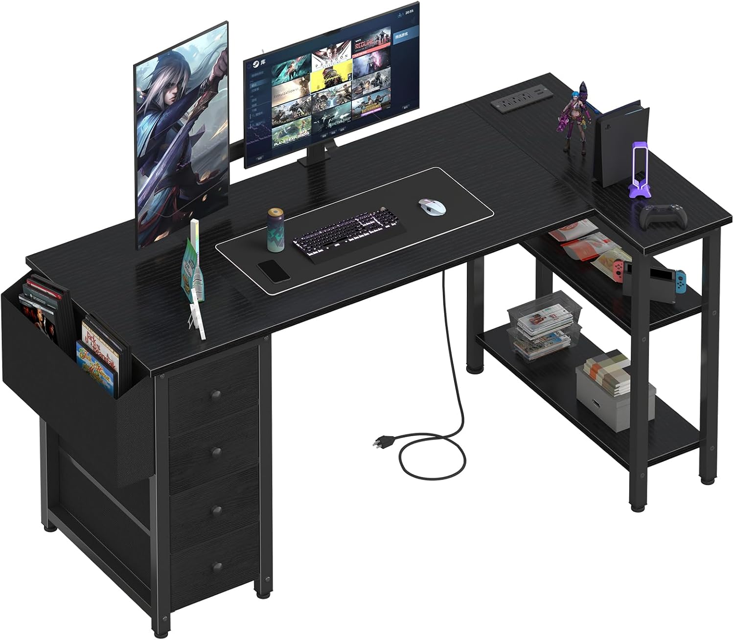 L Shaped Gaming Desk with Drawers & Power Outlet for Home Office