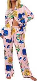 Womens Satin Silky Pajama Set 2 Piece Print PJs - Soft Satin