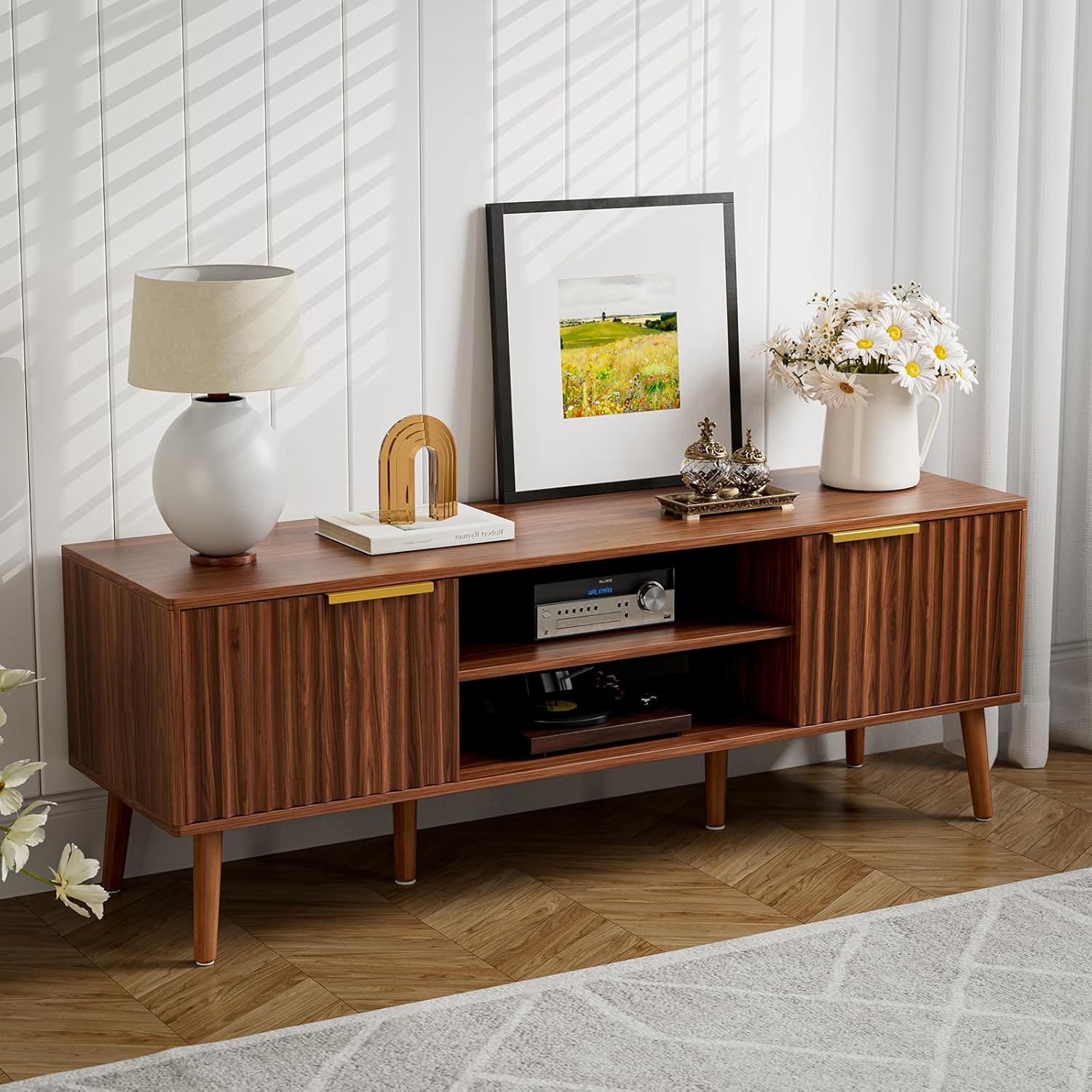 Mid Century TV Stand, Fluted Door Cabinets, Walnut