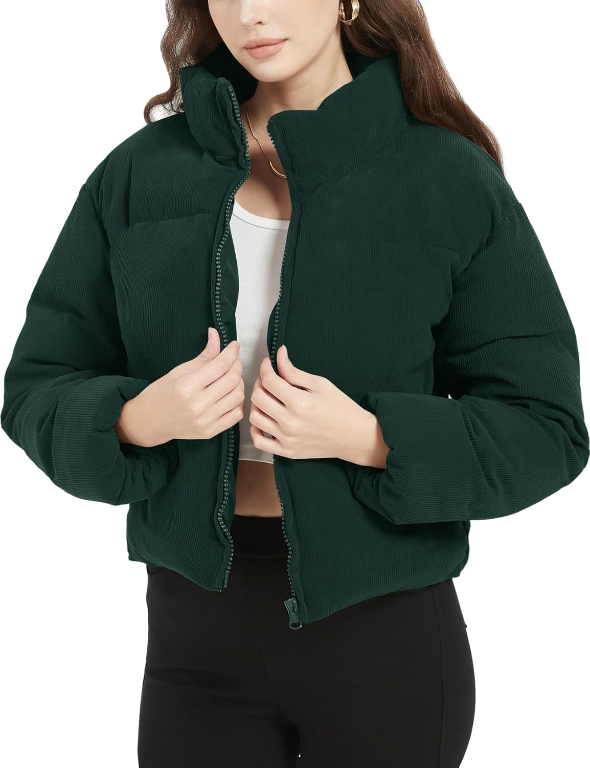 Womens Cropped Corduroy Puffer Jacket for Winter Warmth