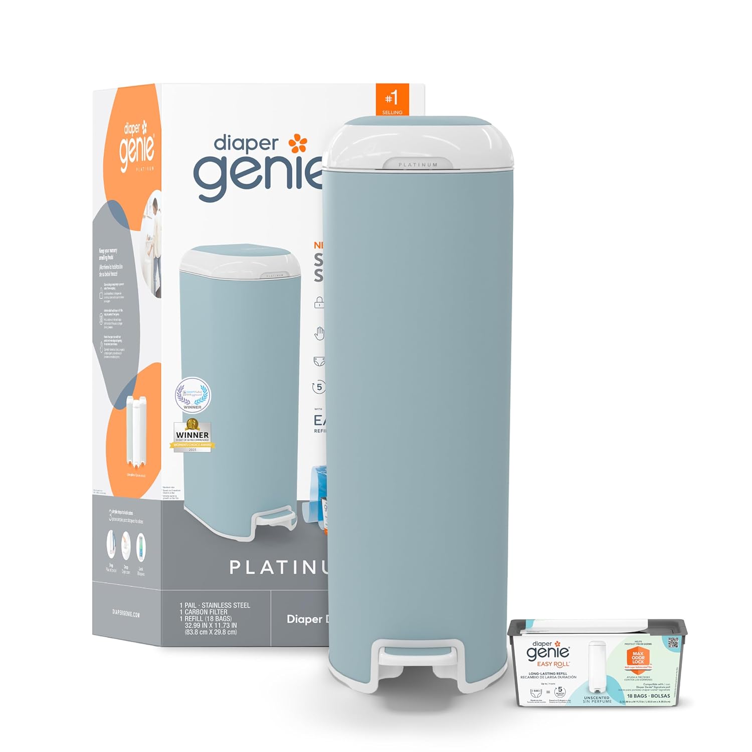 Diaper Genie Platinum Pail in Glacial Blue for Ultimate Odor Control