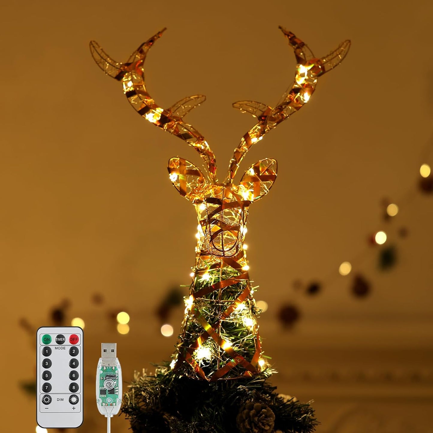 Reindeer Tree Topper Light with 8 Modes for Festive Decor