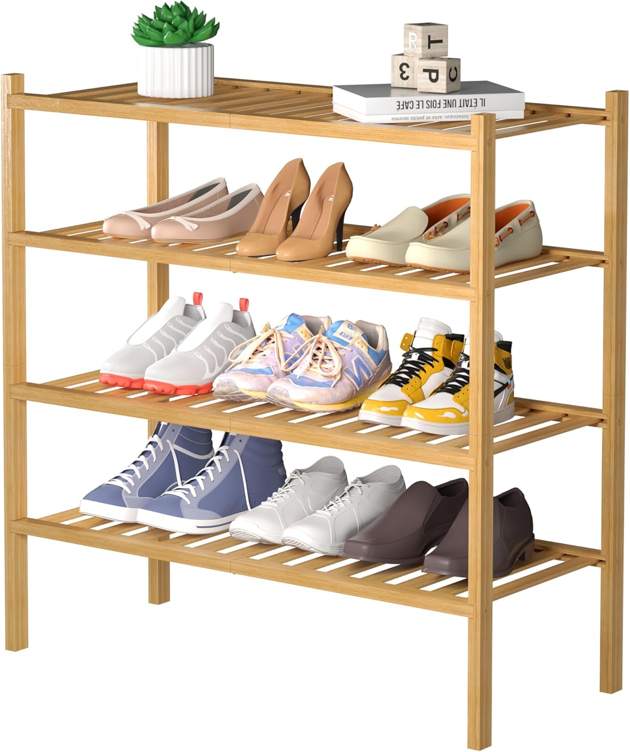 4 Tier Bamboo Shoe Rack for Closet - Stackable and Stylish