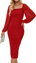 Women's Ruched Bodycon Midi Dress with Puff Sleeves - Backless