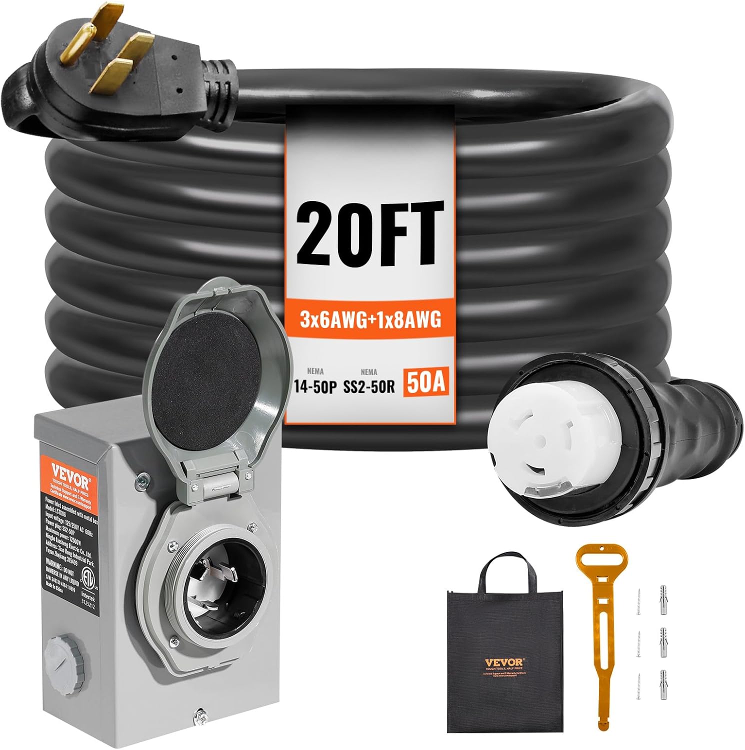 VEVOR 50 Amp Generator Cord and Inlet Box Kit for Power Needs