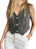 Womens Denim Vest Sleeveless V Neck Button Down Crop Top - Y2K Style