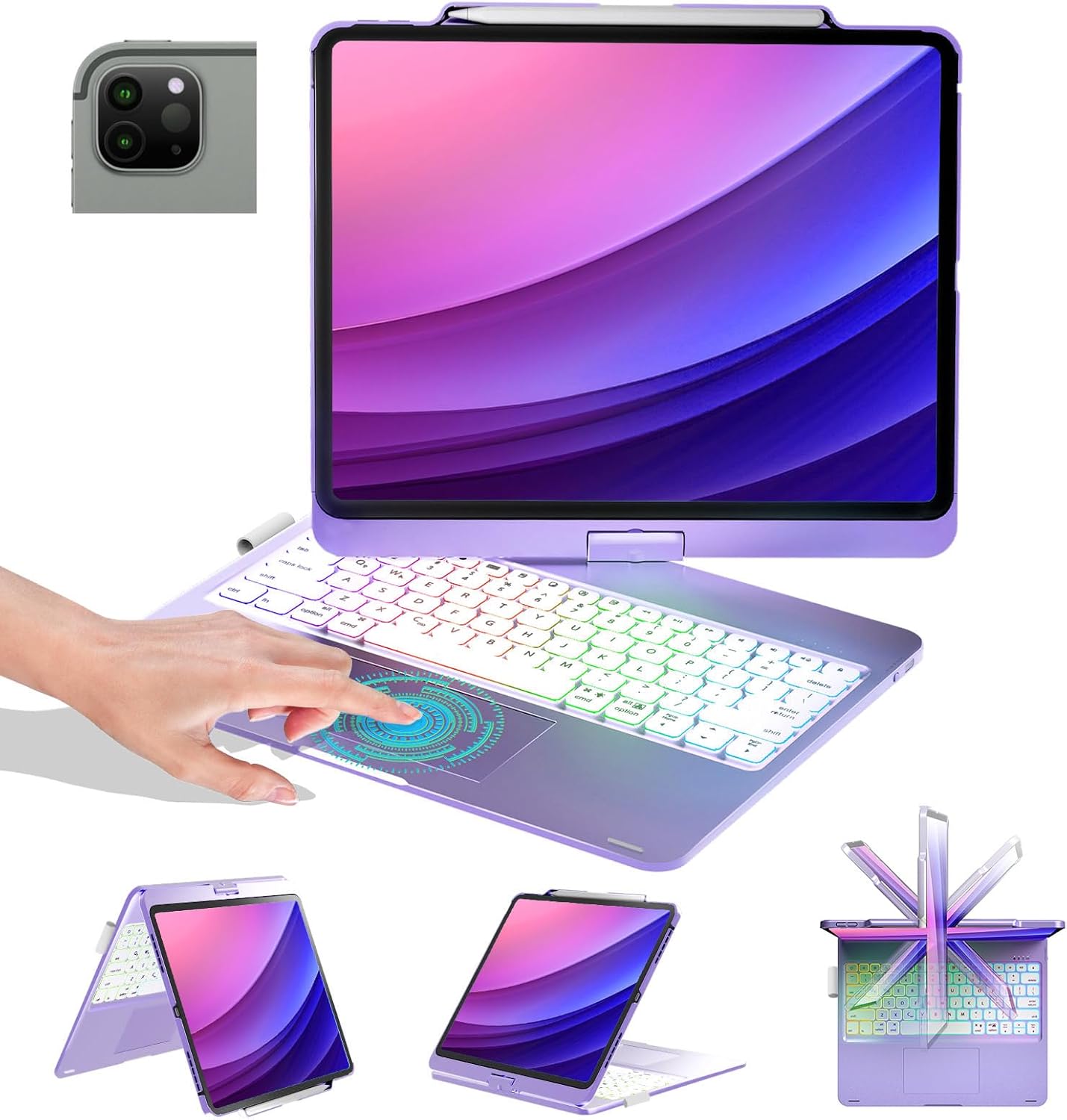 360 Rotatable Metallic Purple Keyboard Case - iPad Air 13 & iPad Pro - Backlit, Touchpad, Pencil Charging