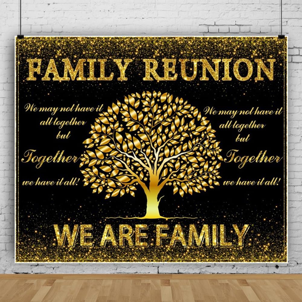 Family Reunion Backdrop 10x8ft Black and Gold Family Tree Decor