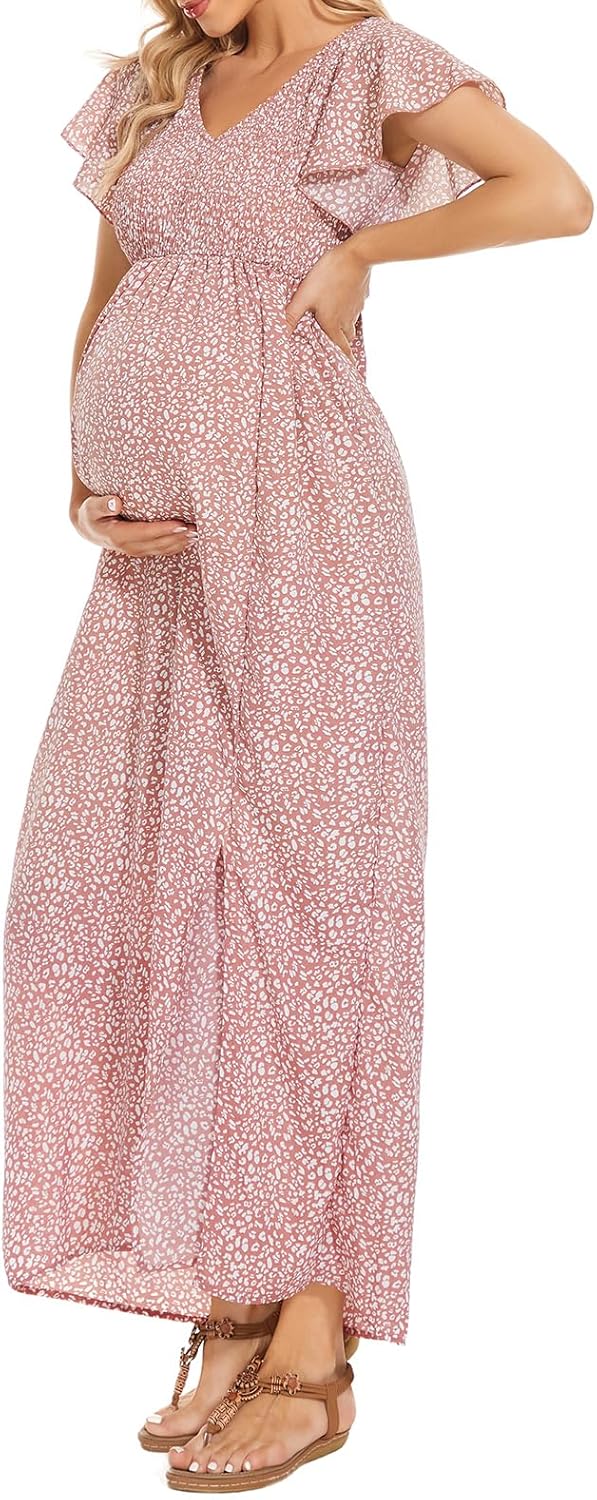 Floral Print V Neck Maternity Dress for Baby Shower Photoshoot