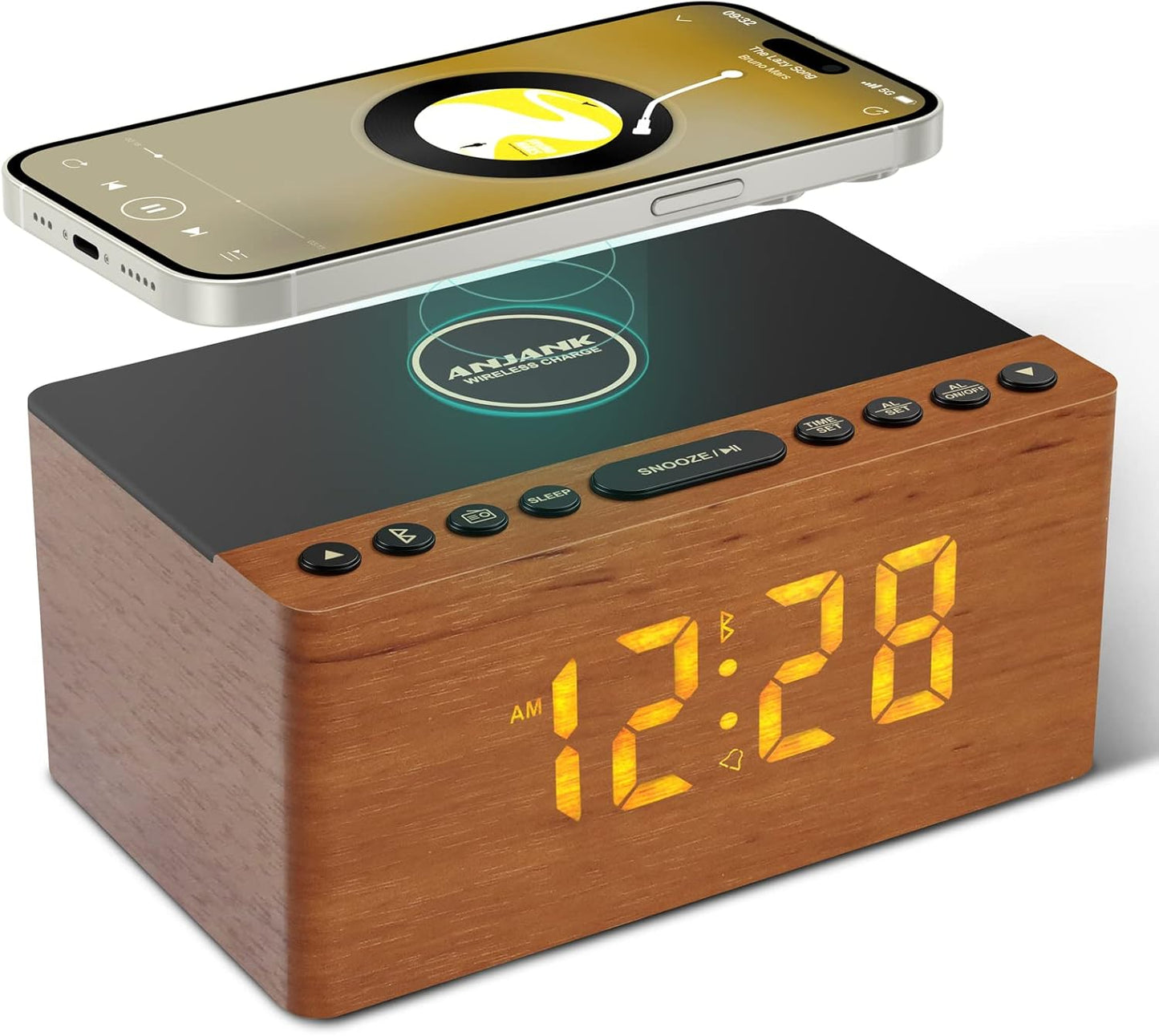 ANJANK Wooden Bluetooth Speaker with Alarm Clock & FM Radio